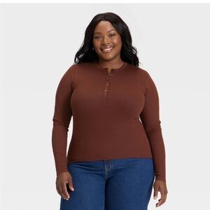 Women's Brown Long Sleeve Henley Shirt - 1X- NWT